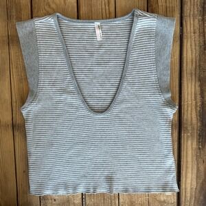 FP Movement Free People Gray White Striped Ribbed V-Neck Tank Top Size M